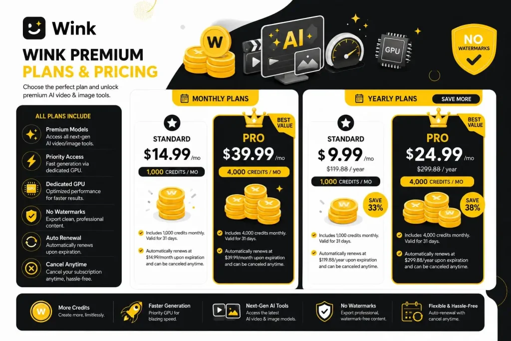 Wink Mod APK 2026 Latest – Premium Unlocked & Expert Features 16 Wink Premium Subscription Cost illustration standard vs pro plan